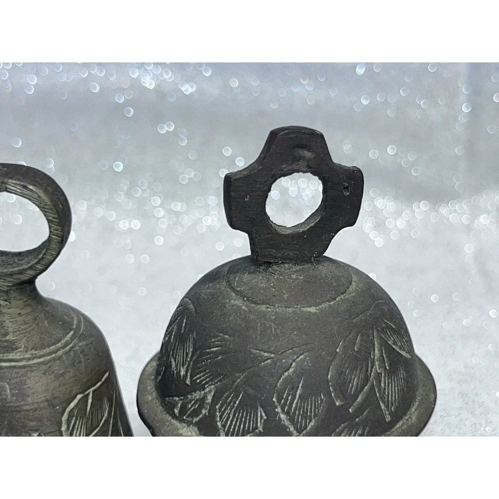1 CLAW AND 2 BRASS HAND ETCHED BELLS FROM INDIA ALL ARE 2